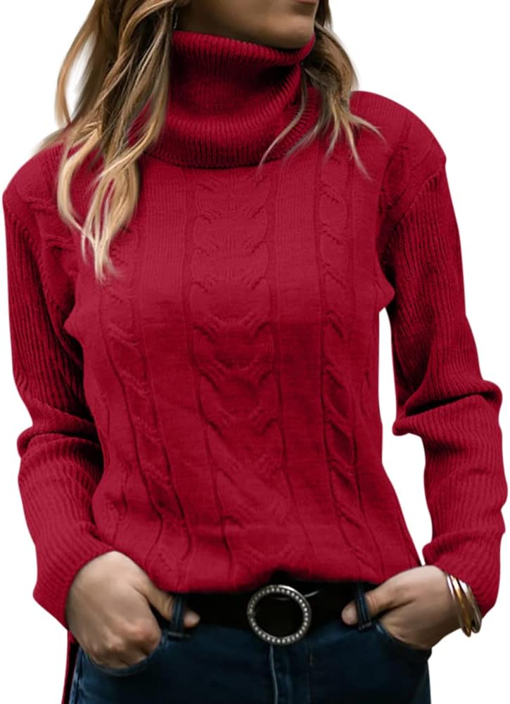 Zelda ribbed-cuff cable-knit turtleneck sweater, red