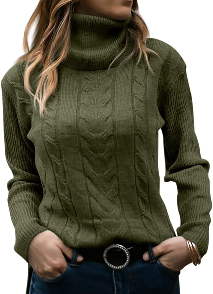Zelda ribbed-cuff cable-knit turtleneck sweater, olive green