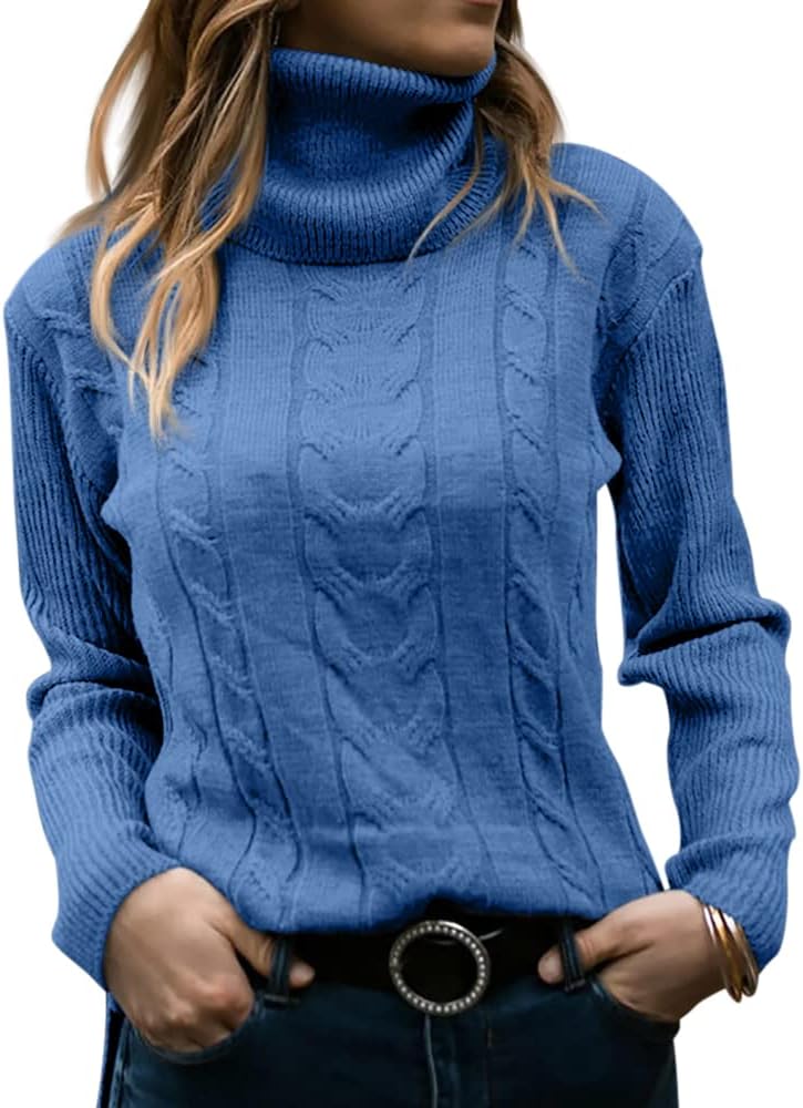 Zelda ribbed-cuff cable-knit turtleneck sweater, blue