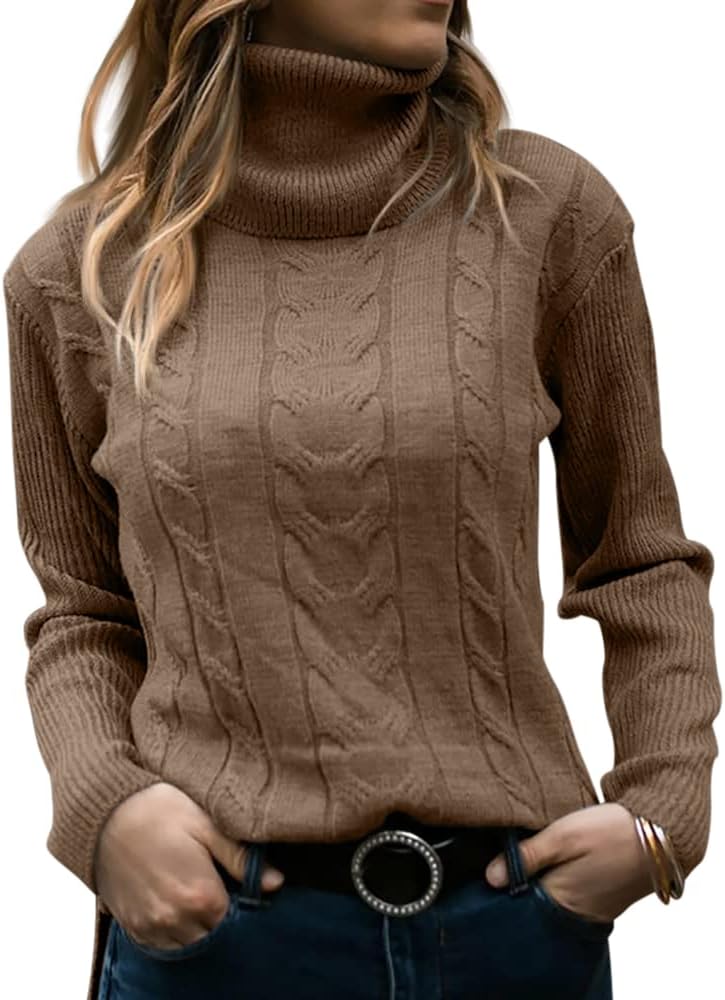 Zelda ribbed-cuff cable-knit turtleneck sweater, brown