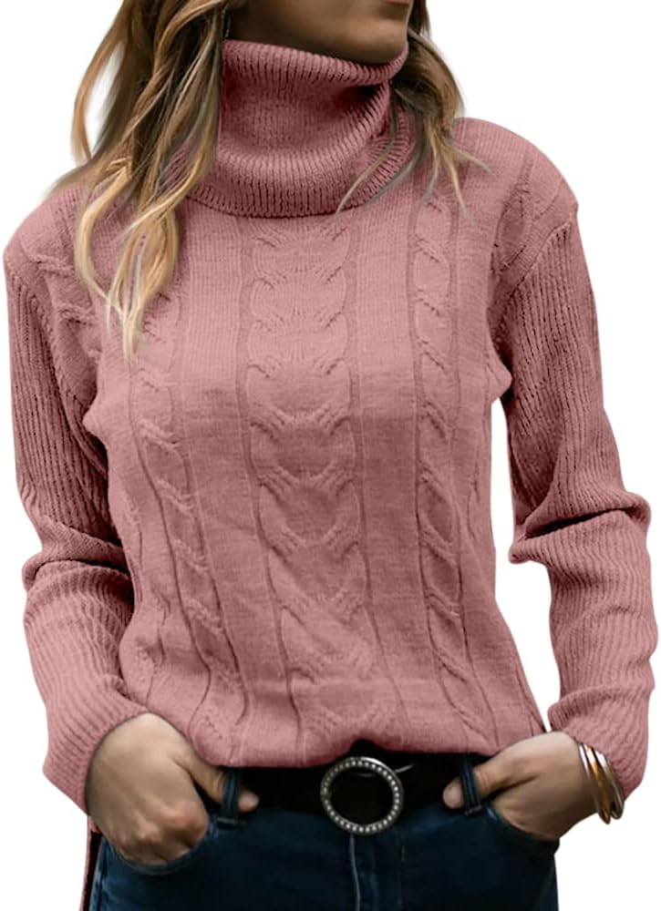 Zelda ribbed-cuff cable-knit turtleneck sweater, pink