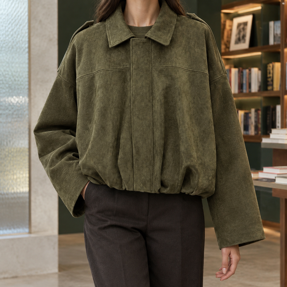 Zenobia suede-look cropped bomber jacket, army green