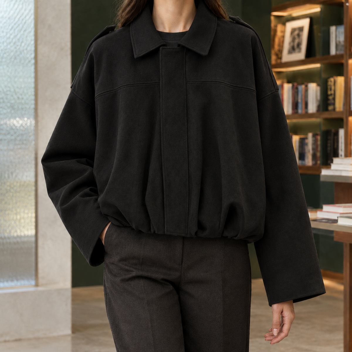 Zenobia suede-look cropped bomber jacket, black