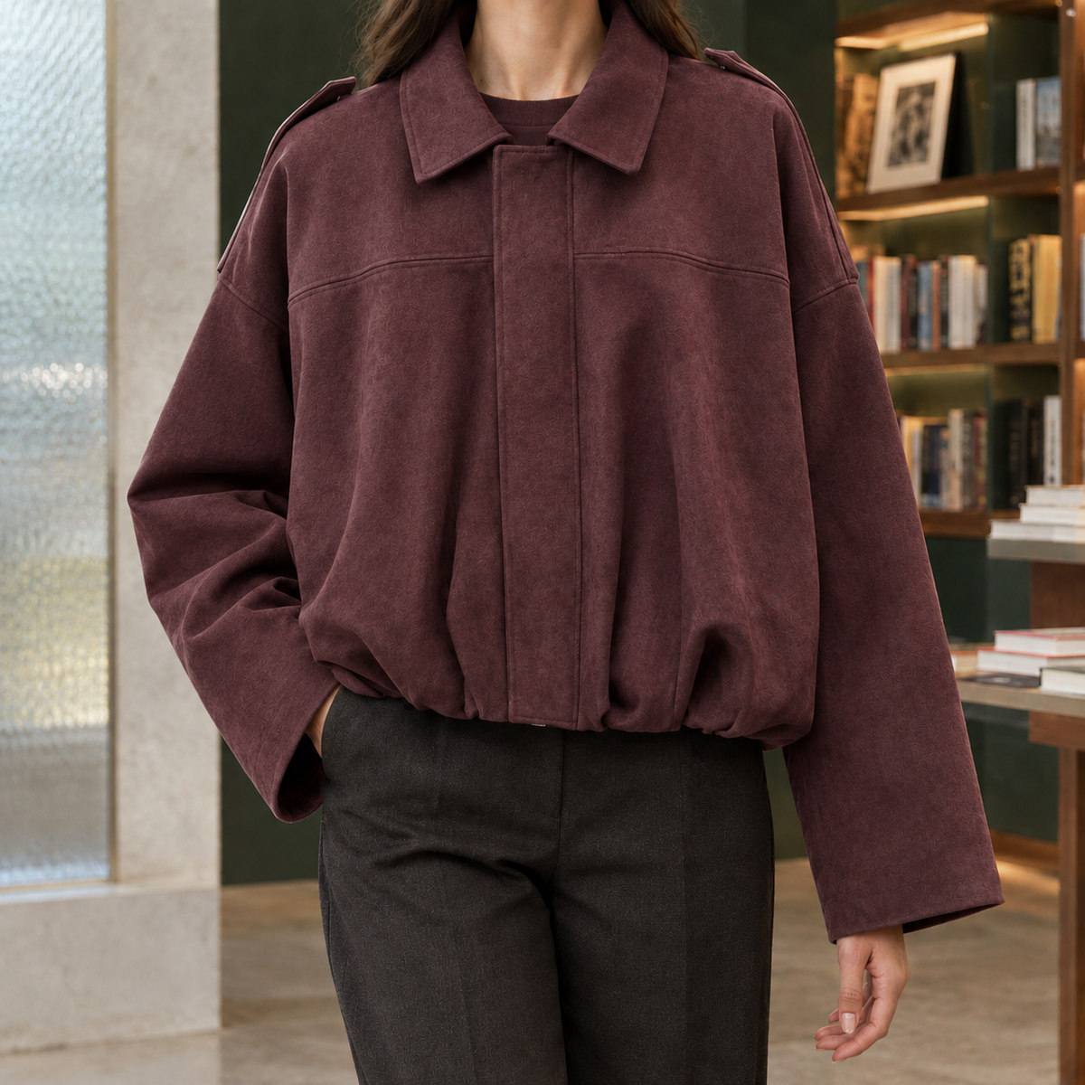 Zenobia suede-look cropped bomber jacket, burgundy