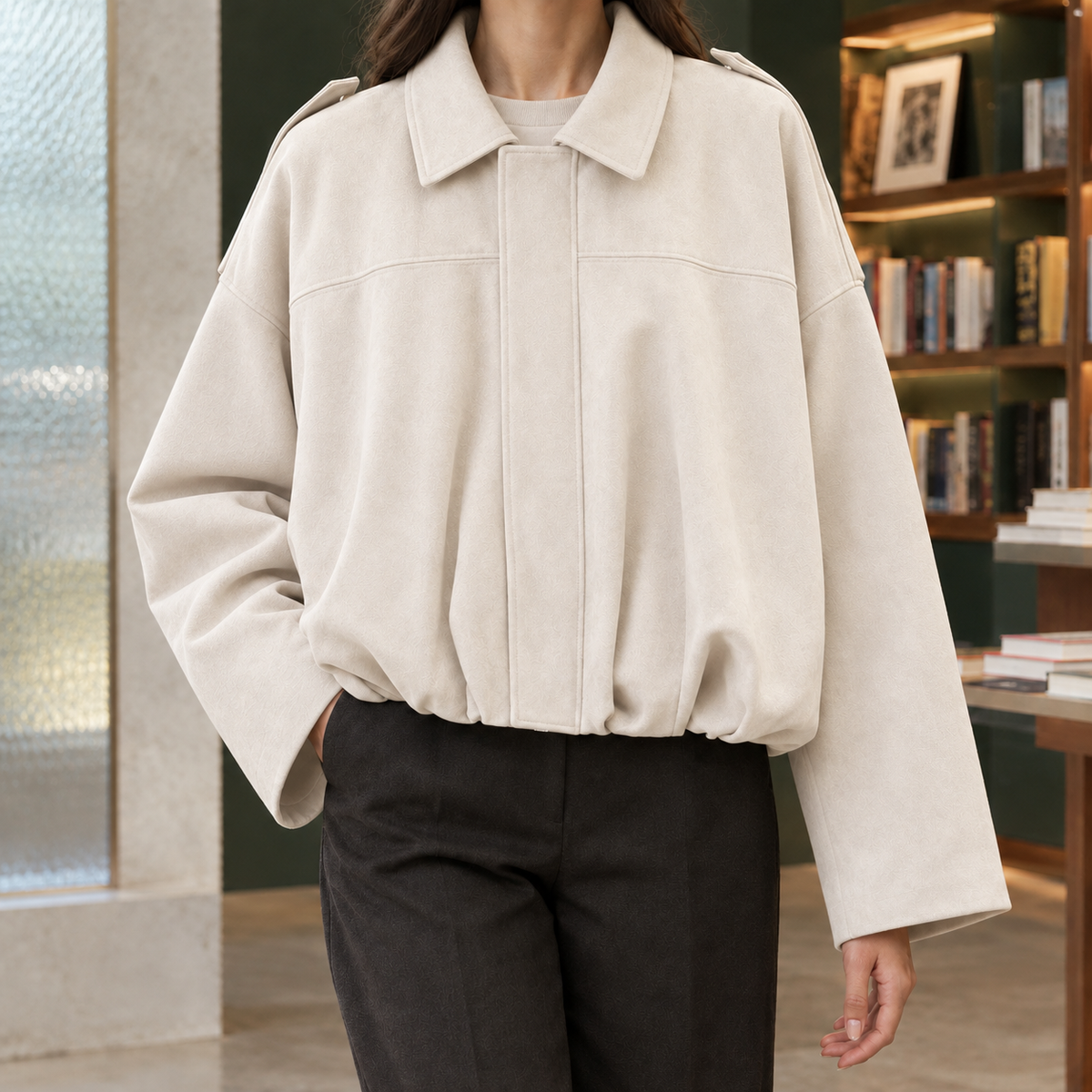 Zenobia suede-look cropped bomber jacket, cream white