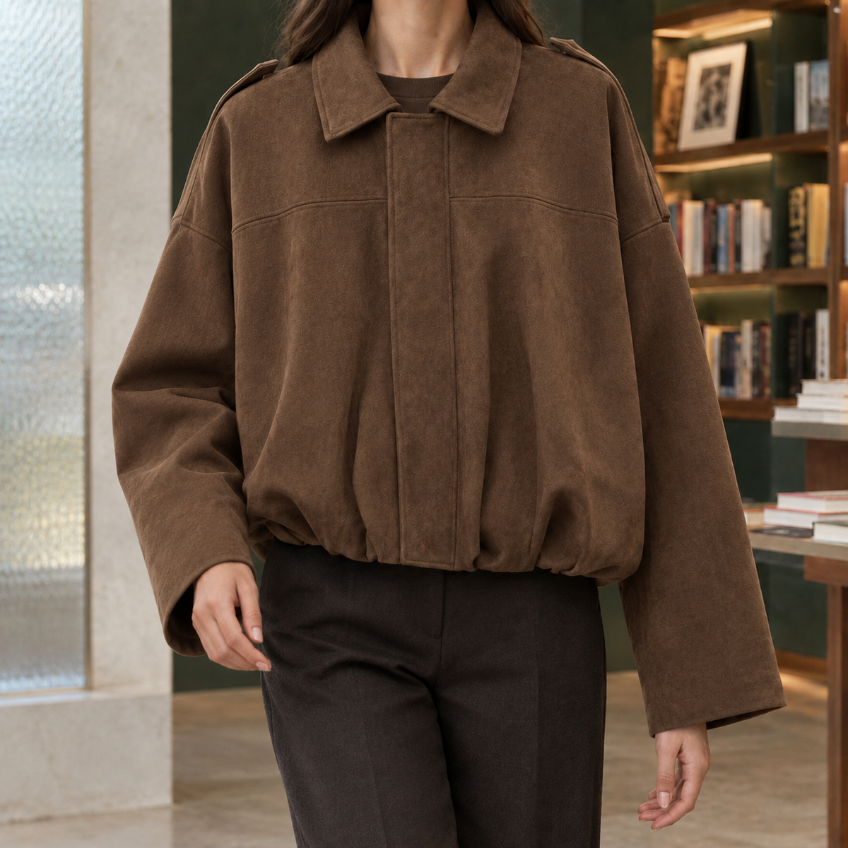 Zenobia suede-look cropped bomber jacket, dark brown