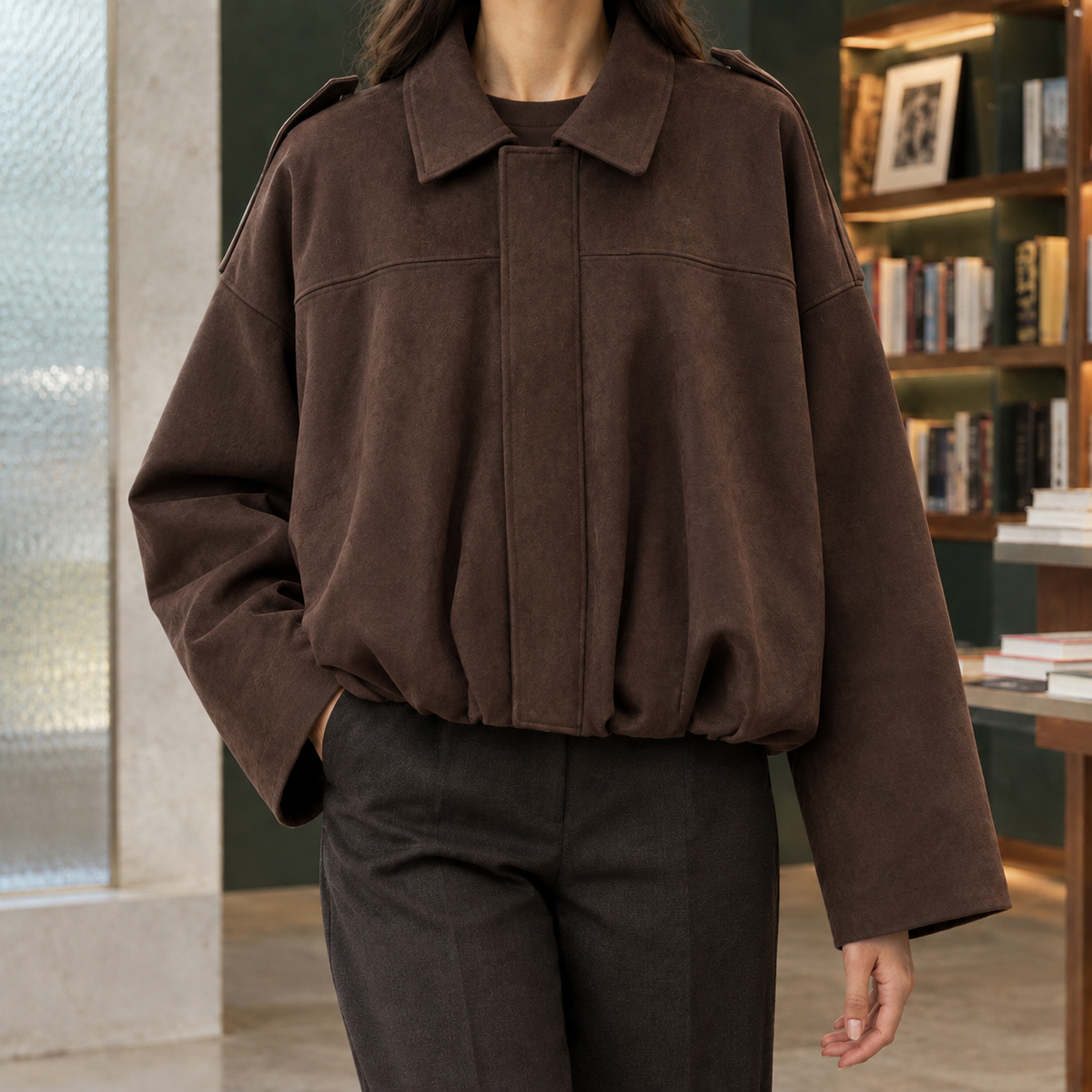 Zenobia suede-look cropped bomber jacket, brown