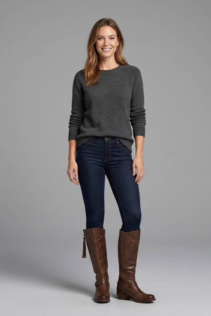 Woman wearing a gray sweater, dark blue jeans, and brown knee-high boots on a gray background