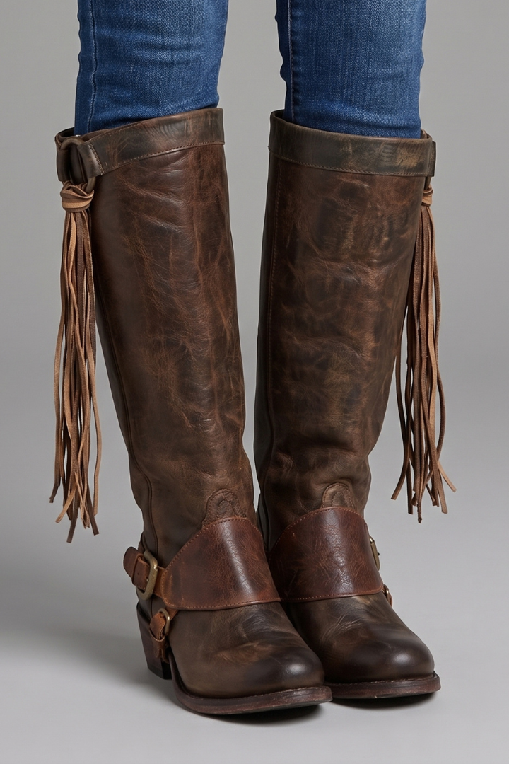 Brown leather knee-high boots with fringes on a gray background