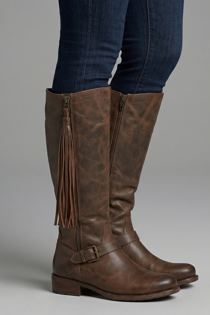 Brown knee-high boots with fringes worn with blue jeans on a gray background