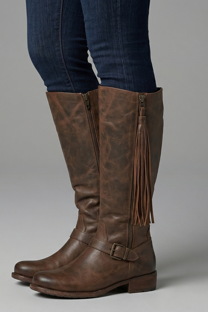 Brown knee-high boots with tassels worn with blue jeans on a gray background