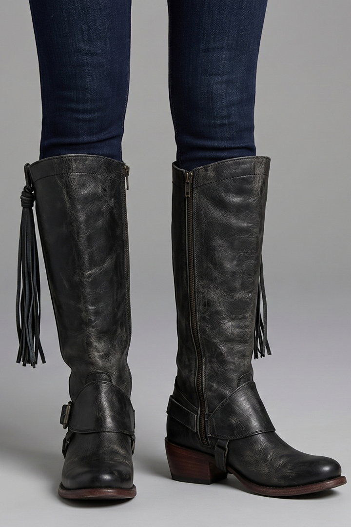 Black leather knee-high boots with fringes on a gray background